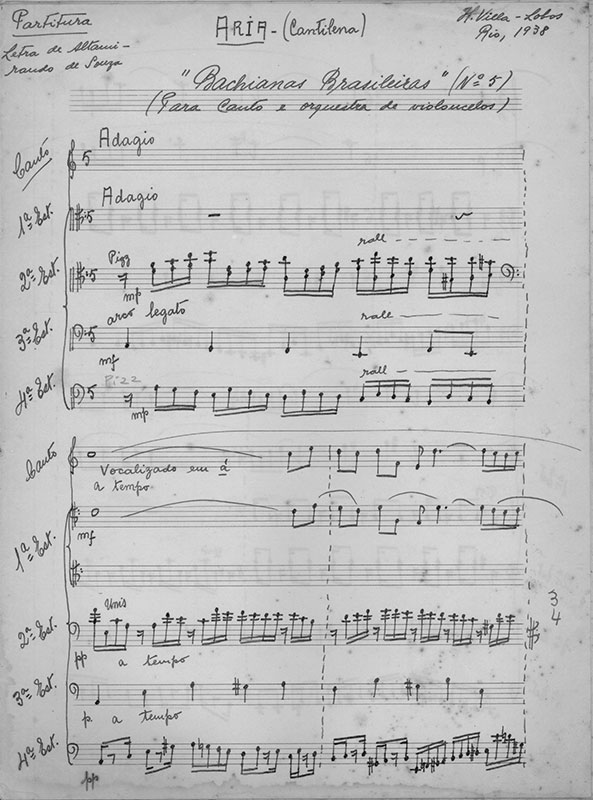 Partitura original das ‘Bachianas brasileiras nº 5’, de Villa-Lobos, com poema de Altamirando de Souza [Reprodução]