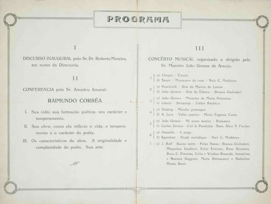 Programa do primeiro sarau promovido pela Cultura Artística, em 1912 [Reprodução]