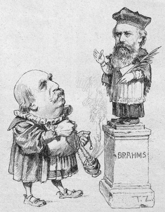 Caricatura publicada em 1890 em um jornal de Viena brinca com a admiração de Hanslick pela música de Brahms [Reprodução]