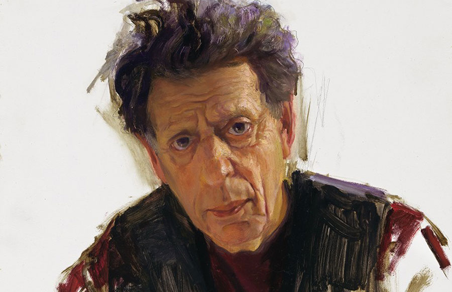 Philip Glass, por Luis Alvarez Roure, 2016. Óleo sobre madeira. Acervo da National Portrait Gallery, da Smithsonian Institution, Washington, D.C. (wikimedia commons)
