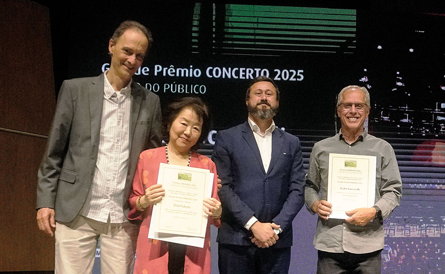 Nelson Rubens Kunze, Elisa Fukuda, Rodrigo Massi e Edilson Ventureli na entrega do Grande Prêmio CONCERTO 2025 (Revista CONCERTO. Heloisa Bortz)
