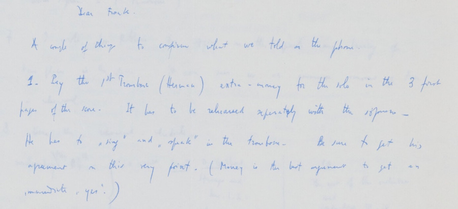 Carta de Boulez ao administrador artístico da orquestra: "Pague um valor extra ao primeiro trombone pelos solos das três primeiras páginas", pede o maestro pouco antes dos ensaios de uma peça de George Crumb [Reprodução]