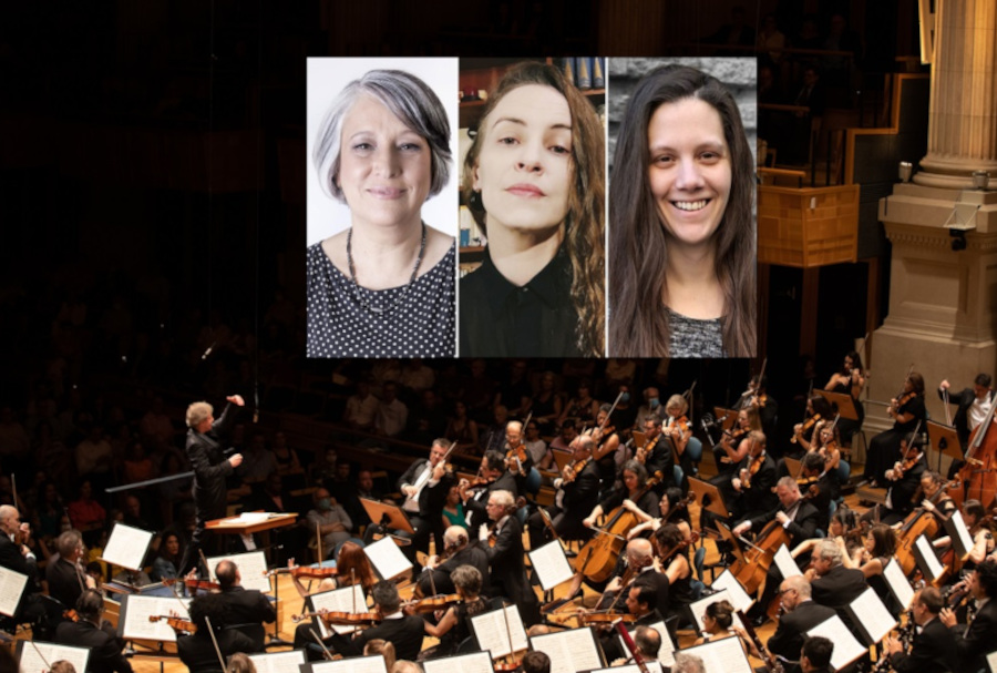 As compositoras Denise Garcia (esq.), Eva-Garcia Fernandez (centro) e Stephanie Macchi [Divulgação/Fundação Osesp]  
