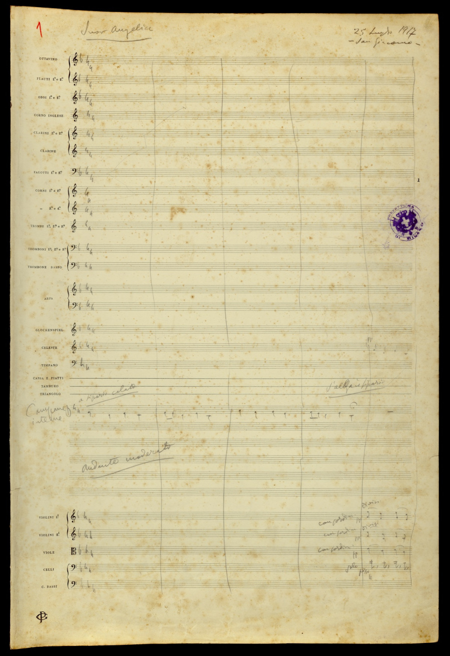 Primeira página do manuscrito de 'Suor Angelica', de Puccini [Reprodução/Archivo Ricordi]